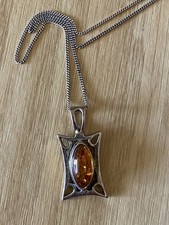 Silver 925 Celtic Style Pendant With Amber Stone & Silver Chain 925