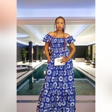 Ankara Ready to Wear African Outfit for Women Off-Shoulder Dress-Royal Charm