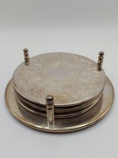 Vintage Coaster Set Silver Plated Set of 4 Coasters Tarnished With Stand Rare UK