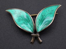 DAVID ANDERSEN NORWAY .925 SILVER Green Enamel 40mm Leaf Brooch, 4.36g - S86