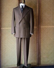 Vintage Men's Suits Tweed Double Breasted Herringbone Peak Lapel Business Tuxedo