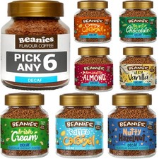 6x BEANIES DECAF FLAVOURED INSTANT COFFEE 50g JARS: PICK ANY 6 DECAF BLENDS