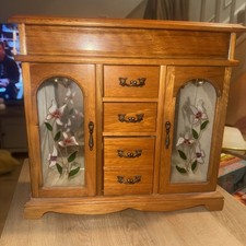 Large Vintage Wooden Jewellery Box With Doors,Drawers & Shelves Flower Design 