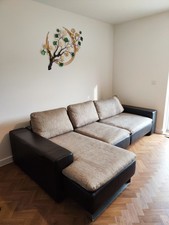 Three Piece Suite by Kler black leather corner sofa grey cushion great condition
