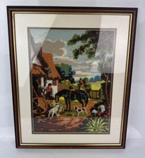 Vintage Tapestry Picture - Country Scene - Cottage,  Horses & Garden 54 X 44 cm.