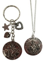 SILVER NECKLACE & KEYRING SET ST CHRISTOPHER Pendant For Travellers