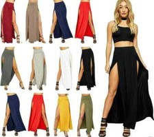 Women Double Side Slit Split Skirt Ladies Stretchy Summer Gypsy Maxi Long Skirts