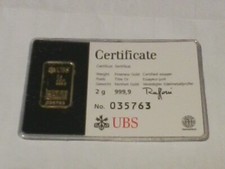 Two Grams GOLD BAR – Vintage UBS Kinebar - 2g 999.9 fine pure solid - assay