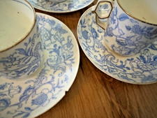 Grainger & Co Worcester 6x coffee cans cups 3x Saucers Blue White Floral Antique