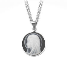 Black Madonna Profile Cameo Medal Sterling Silver Bordered Pendant Necklace