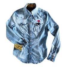 Vivienne Westwood x Lee Denim blue slim shirt Size S-M Pearl snaps Heart