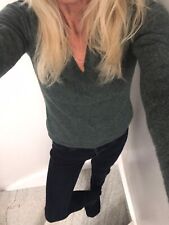 RRP$395 TSE Cashmere Designer Moss Green Classic V Neck Fitted Cashmere Jumper 