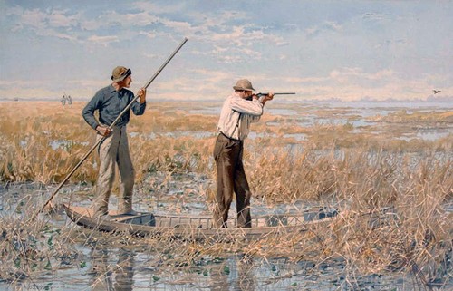 Hunters shooting marsh boat - hunters,