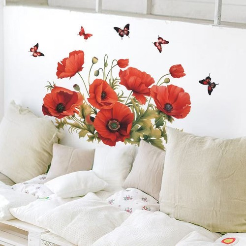 Red poppy flowers - red, butterflies