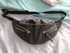 Studded Primark Faux Black Leather Bum Bag Waist Pack Sling Bag 4 Pockets