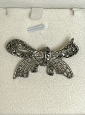 Vintage Bow Brooch Silver Tone Marcasite & Openwork Ribbon Rockabilly Retro