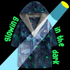 Glow in The Dark Boys Hooded Bathrobe Dressing Gown Dinosaurs Print Dino 2-13 Yr