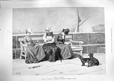 Old Antique Print 1889 Ladies Seaside Promenade Reading Book Bench Yacht 19th