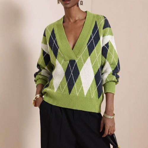 Women argyle neck - argyle, v‑neck