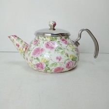 Eternity Floral Enamel Stovetop Kettle Teapot Pink Yellow Rose VTG Cottagecore
