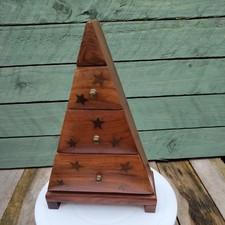 Dark wood set off 3 draws triangular shaped brass star inlays and brass handles