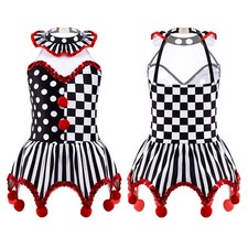 Kids Girls Circus Clown Plaid Polka Dots Print Dress Tutu Skirt Hallowen Party