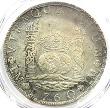 1760 Peru Pillar Dollar 8 Reales Silver Coin 8R - Certified PCGS AU Details