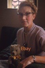 35mm Slide - Woman With Horn-Rimmed Glasses Holding Teddy Bear, 1960