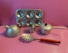 Vintage Aluminium Toy Cooking Items  Bun Tray ,Kettle ,Jug strainer ,Saucepan