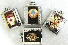 Russian Stainless Steel Hip Flask with metal USSR Badges  3 Oz 85 ml