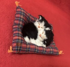 Cute 2 Sleeping Long Fur Cats Kittens Plaid Pillow Black And White Plush Figure 