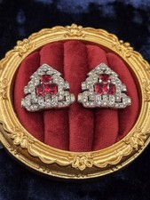 Antique Art Deco Clipmates Dress Clips Red Glass Rhinestone Duette 1930s Patent