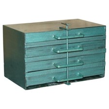ANTIQUE CIRCA 1920'S TEAL COLOURED LOCKABLE MACHINIST WORK TOOL BOX WITH LOCK