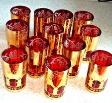 SET OF 12 RED AND GOLD TURKISH MOROCCAN TEA GLASSES WITH CALLIGRAPHY