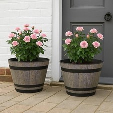 2Pc Plastic Whiskey Barrel Planter Brown Ash Outdoor Garden Plant Pot