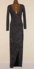 Lipsy Black Silver Glitter Maxi Dress 14 Long Sleeve Evening Xmas Party Occasion