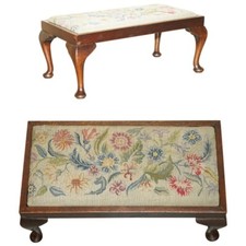 ANTIQUE EDWARDIAN WALNUT CABRIOLE LEGGED FOOTSTOOL EMBROIDERED UPHOLSTERY