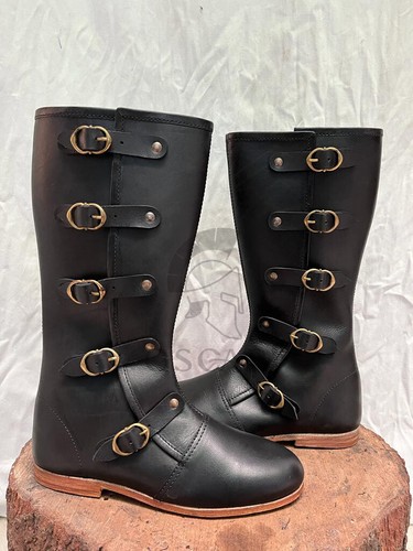 Medieval black leather boots - leather,