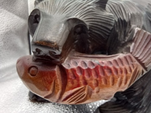 Carved wooden bear with salmon - carved,