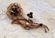 Vintage Gold Plated Flower Brooch with Garnets