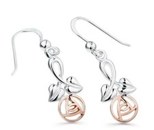 Mackintosh Rose Stem Drop Earrings Solid Sterling Silver Rose Gold Detail