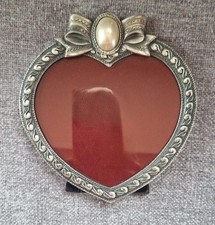Vintage Pewter Style Romantic Heart Shaped Photo Frame-Bow & Pearl .Velvet Back