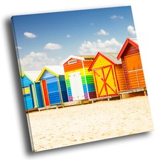 Colourful Beach Huts Retro Square Scenic Canvas Wall Art Large Picture Print