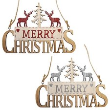 Merry Christmas Wooden Hanging Sign with Reindeer and Tree - Choose Colour