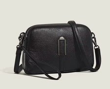 Genuine Leather Crossbody Bag Black for Women - Adjustable Strap, Camera Style