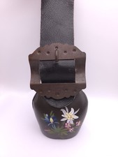 Large Swiss Cow Bell With Leather Strap Vintage Handpainted 