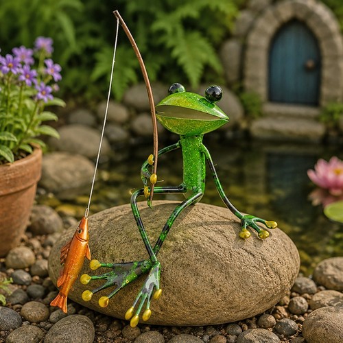 Green metal frog sculpture - frog,