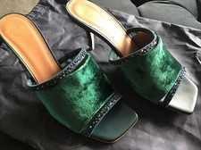 MALONE SOULIERS Laney Navy Teal Green Velvet Crystal Mules Shoes 37.5 UK 4.5