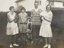 VINTAGE SNAPSHOT PHOTO GROUP IN GARDEN HOLDING PET CAT & RABBIT LARGE TEDDY BEAR