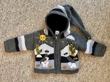 Baby Unisex Peruvian Hand-Knitted Fleece Hooded Jumper - 100% Alpaca Wool - Grey